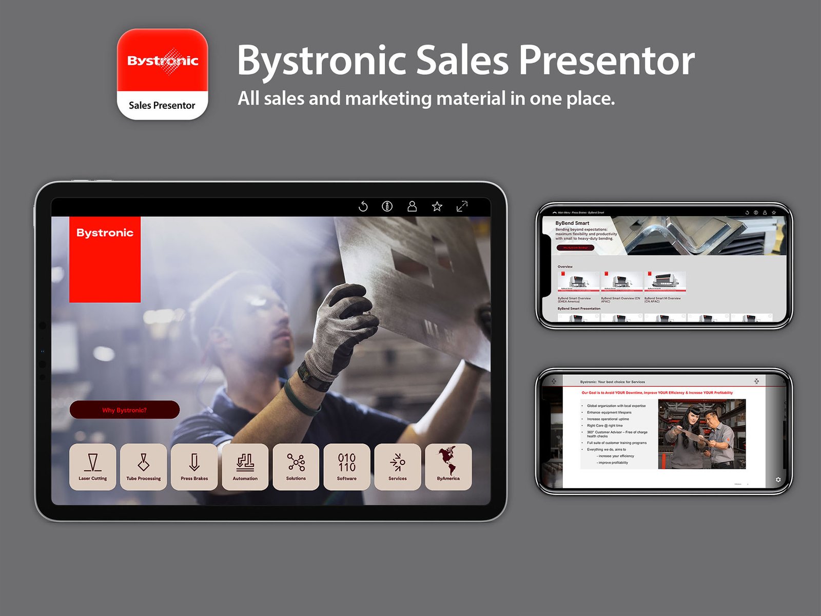 Bystronic Sales Presentor, screenshots of the app